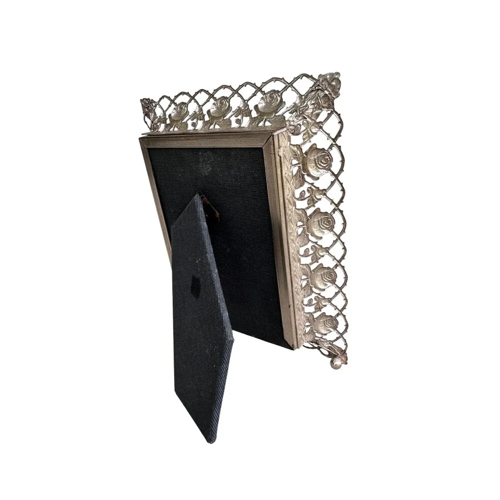 Vtg Filigree Antique Style Silver Rose Picture Frame Ornate Openwork Lattice